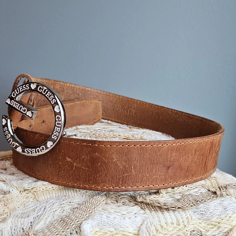 Guess Belt Leather Y2K Silver G Buckle with Hearts Brown Strap Size Sm